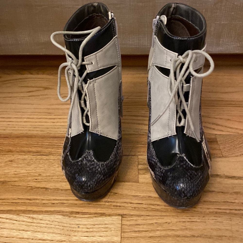 Michael Antonio gray and snake high heel booties